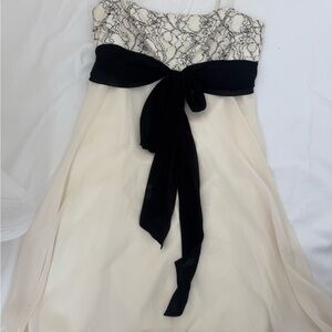 BCBGMaxAzria Cream Spaghetti Strap Dress with Black Lace Bodice and Black Sash